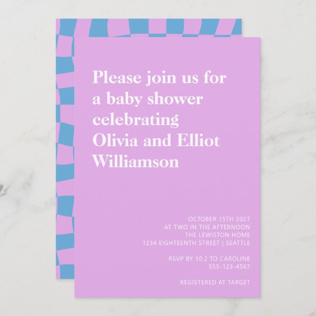 Groovy Lavender Chequerboard Cute Baby Shower Invitation (Front/Back)