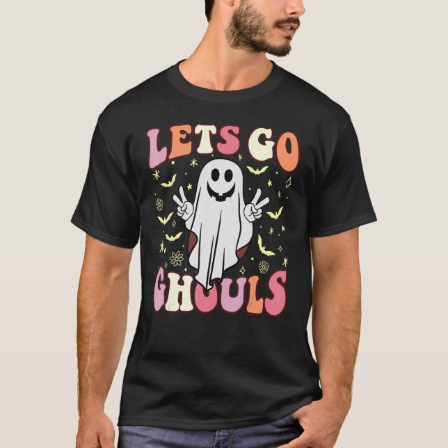 Groovy Let's Go Ghouls Floral Ghost Hippie Retro H T-Shirt (Front)