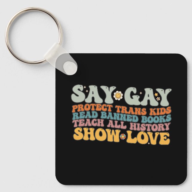 Groovy LGBT Say Gay Protect Trans Kids Read Books Key Ring (Front)