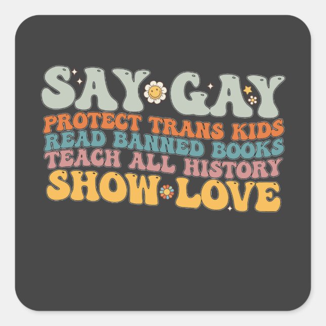 Groovy LGBT Say Gay Protect Trans Kids Read Books Square Sticker (Front)
