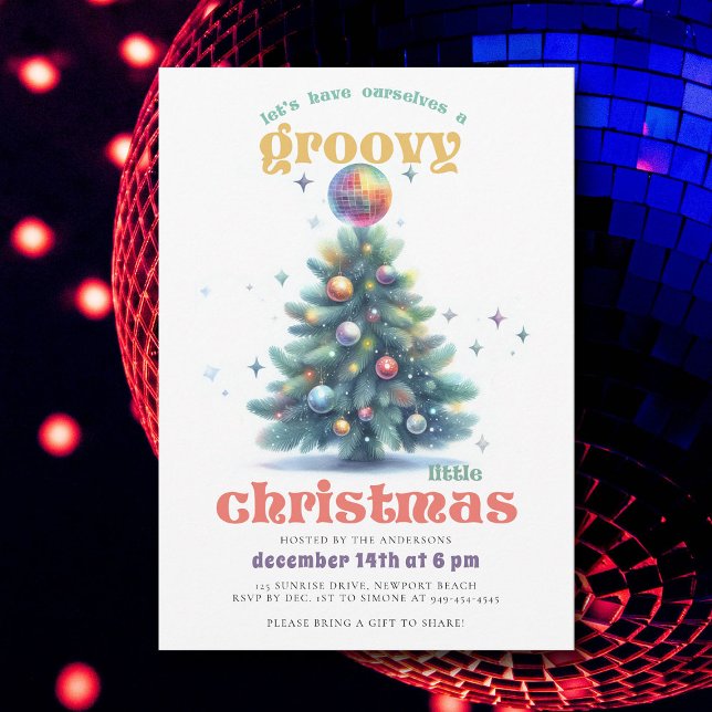 Groovy Little Christmas Disco Hip Christmas Party Invitation (groovy little christmas ball tree party invitation)