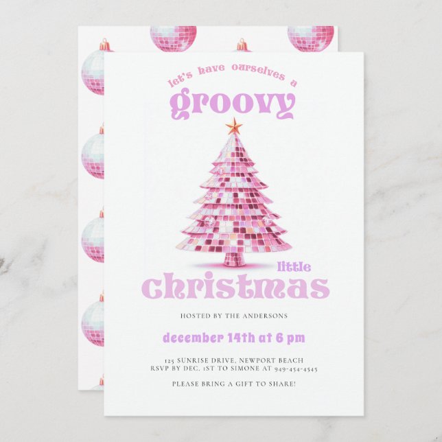 Groovy Little Christmas Disco Pink Christmas Party Invitation (Front/Back)
