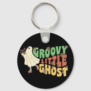 Groovy Little Ghost With Vintage Flowers Halloween Key Ring