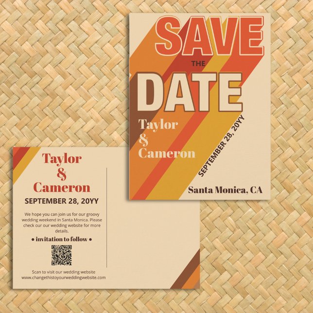 Groovy Long Shadow Typography Orange Brown Wedding Postcard (Unique postcard save the date with 70s typography and groovy browns, red, and orange colors)