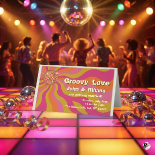 Groovy Love 70s Retro Disco Ball Wedding Place Card