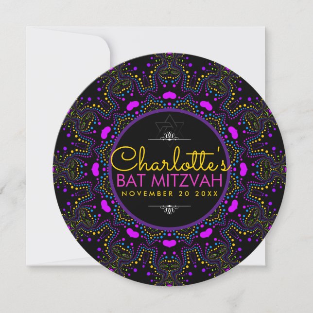 Groovy LOVE Boho Colourful Bat Mitzvah Round Invitation (Front)