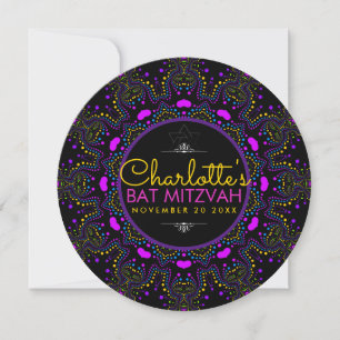 Groovy LOVE Boho Colourful Bat Mitzvah Round Invitation