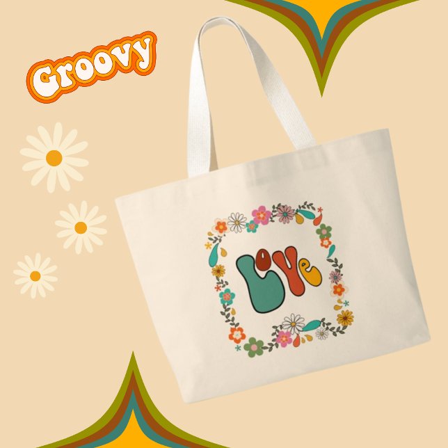 Groovy LOVE flower power 70's inspired  Large Tote Bag (Creator Uploaded)