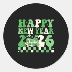 Groovy Lucky Happy New Year 2026 Disco Ball Women Classic Round Sticker