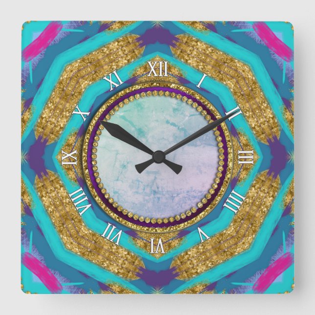 Groovy Mandala Aqua Blue Purple Wall Clock (Front)