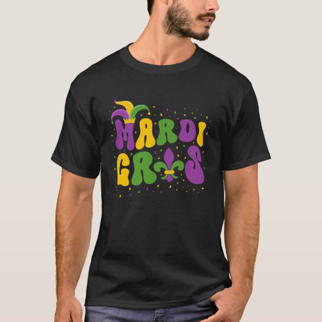 Groovy Mardi Gras Purple Yellow Green Beads Mask F T-Shirt (Front)
