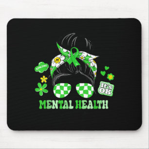 Groovy Mental Health Messy Bun Women Green Ribbon Mouse Pad