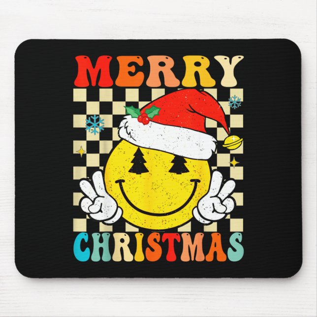 Groovy Merry Christmas Smile Face Santa Hat Xmas T Mouse Pad (Front)