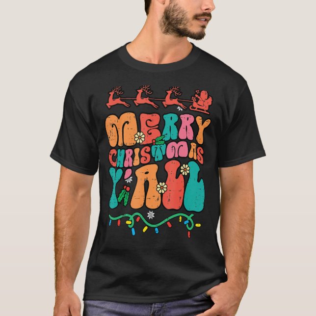 Groovy Merry Christmas Yall Retro Xmas Family Men  T-Shirt (Front)