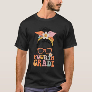 Groovy Messy Bun Fourth Grade Boho Happy Face Flow T-Shirt