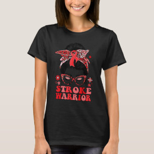 Groovy Messy Bun Leopard Red Ribbon Stroke Warrior T-Shirt