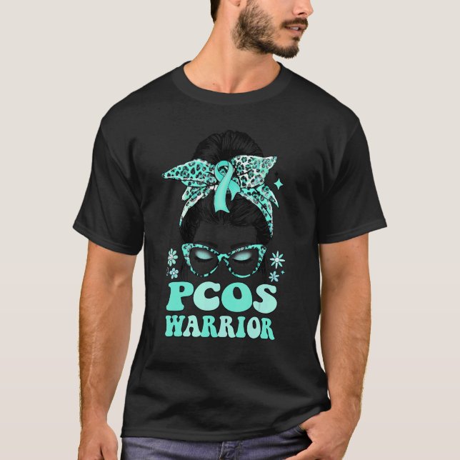 Groovy Messy Bun Leopard Teal Ribbon PCOS Warrior T-Shirt (Front)