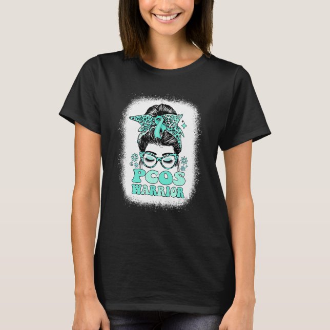 Groovy Messy Bun Women Teal Ribbon PCOS Warrior T-Shirt (Front)