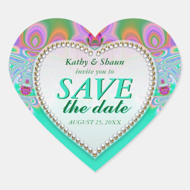 Groovy Mint & Pink Save the Date Heart Stickers (Front)