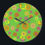 Groovy Mod Pop 70's Flower Power Clock<br><div class="desc">Groovy,  Mod Pop,  70's Flower Power Clock is bright green with yellow,  orange,  and hot pink. A cheerful design that will make you feel good.</div>