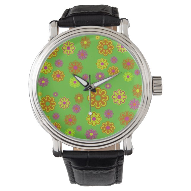 Groovy Mod Pop Flowers lime, yellow and orange Watch (Front)