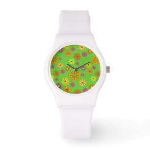 Groovy Mod Pop Flowers lime, yellow and orange Watch