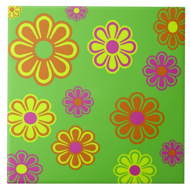 groovy mod pop flowers orange purple tile (Front)