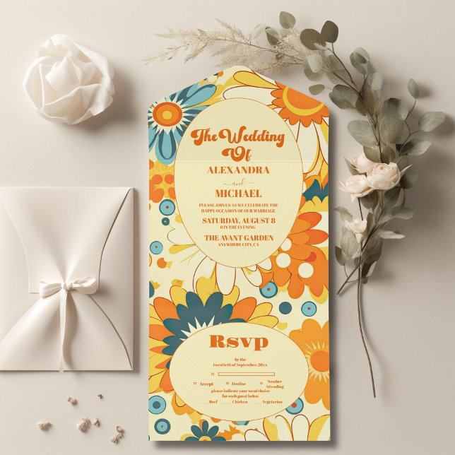 Groovy modern daisy floral yellow & orange wedding all in one invitation (Creator Uploaded)