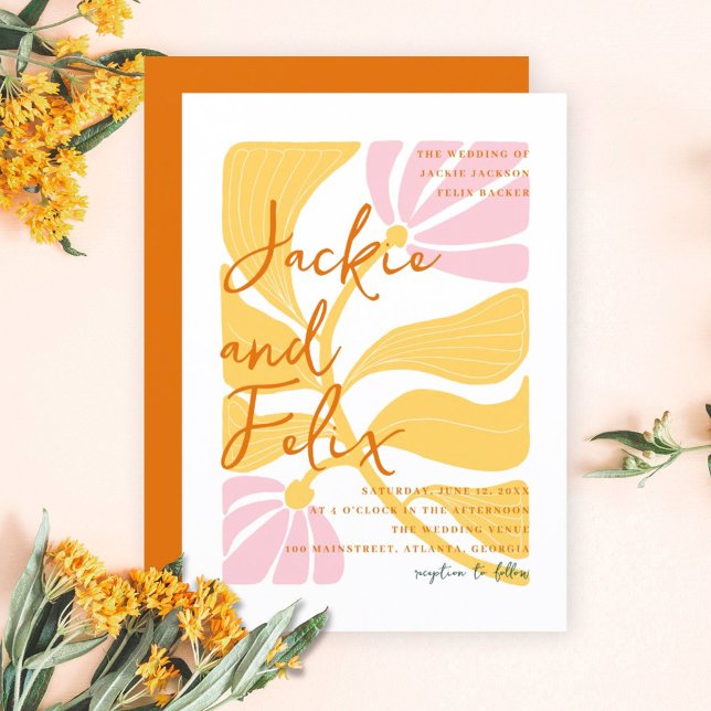 Groovy modern daisy floral yellow & pink wedding invitation (Boho Chic Retro Colorful Floral Wedding Invitation)