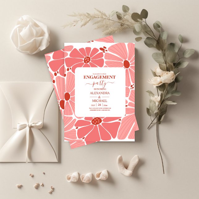 Groovy modern pink daisy engagement invitation (Creator Uploaded)