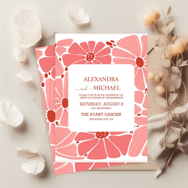 Groovy modern pink daisy wedding invitation (Creator Uploaded)
