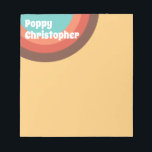 Groovy Modern Retro Colourful Curves Personalised Notepad<br><div class="desc">With a hat-tip to a 70s groove, this design features bold curves and fat, cheerful type. Using a palette of yellow, peachy orange, light red, brown and turquoise, I created bold concentric circles then enlarged so the background offers a slice of the fantastic curves. The cheerful "Spicy Rice" font was...</div>