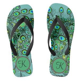 Groovy Monogram Neon Green Peacock Feathers Flip F Thongs