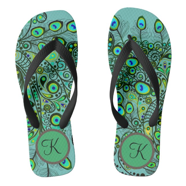 Groovy Monogram Neon Green Peacock Feathers Flip F Thongs (Footbed)