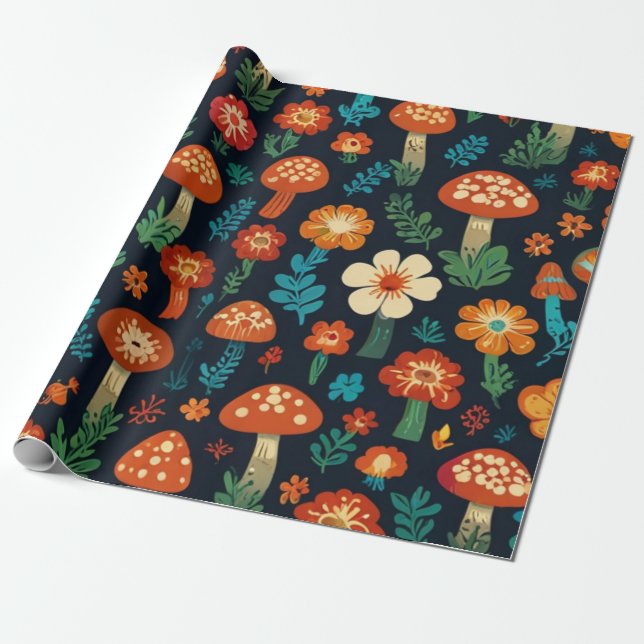 Groovy Mushroom & Flower Pattern Wrapping Paper (Unrolled)