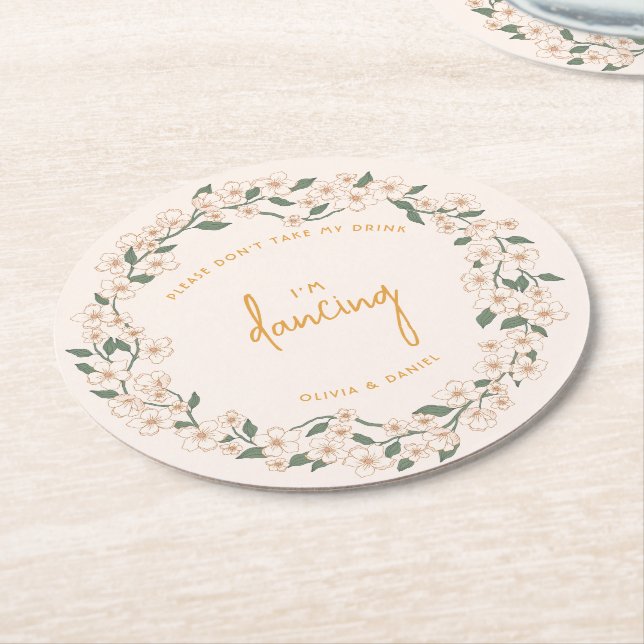 Groovy Mustard Floral Wedding Round Paper Coaster (Angled)