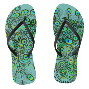 Groovy neon green peacock feather flip flops