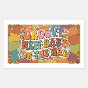 Groovy New Baby on the Way Retro Sunshine Rectangular Sticker