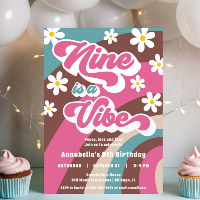 Groovy Nine is a Vibe pink teal girl 9th birthday Invitation (Creator Uploaded)