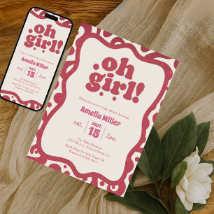 Groovy Oh Girl   Retro Pink 70s baby shower Invitation