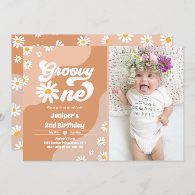 Groovy One 1st Birthday Party Boho Floral Daisy Invitation (Front/Back)