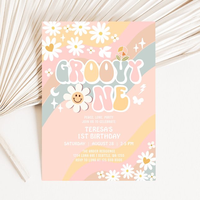 Groovy ONE 1st Pastel Groovy First Birthday Invitation (Creator Uploaded)