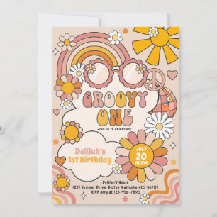 Groovy One 70s Flower Power Rainbow Birthday Party Invitation