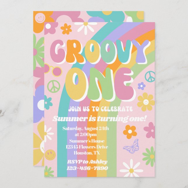 Groovy One Birthday Invitation (Front/Back)