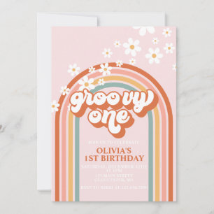 Groovy One boho daisy rainbow first birthday Invit Invitation