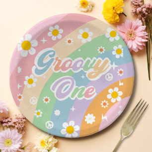 Groovy One Boho Daisy Rainbow Paper Plate