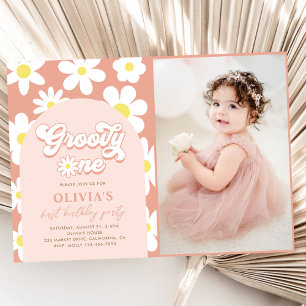 Groovy One Boho Retro Daisy 1st Birthday Photo Invitation