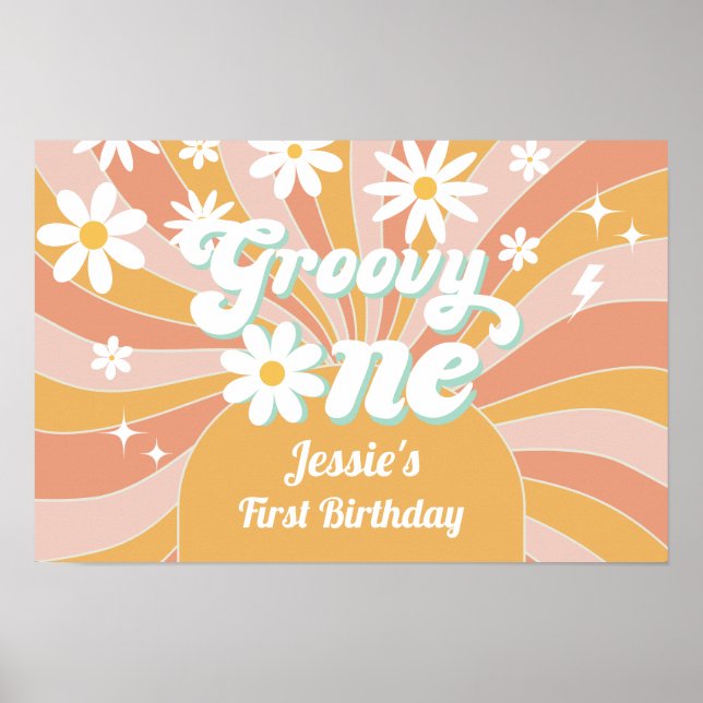 Groovy One Boho Retro Daisy Sunshine 1st Birthday Poster (Front)