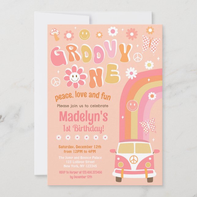 Groovy One Boho Retro First Birthday Invitations (Front)