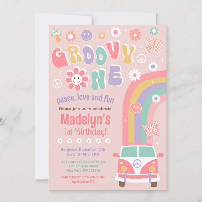 Groovy One Boho Retro First Birthday Invitations (Front)